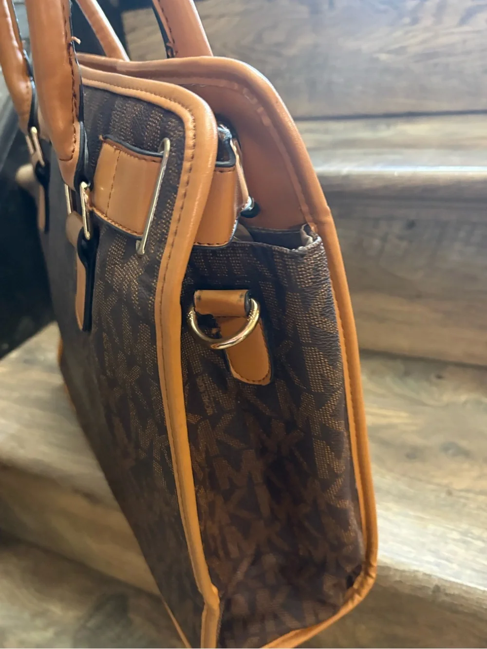 Michael Kors Brown and Tan Logo Tote with Gold Hardware